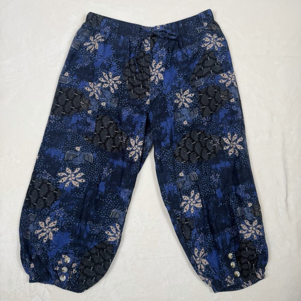 Cotton Blue Printed Cropped Harem Pants Elastic Waist Hem Size XXL